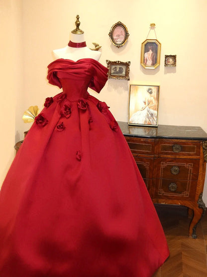 Beauty Prom Dress Wine Red Off Shoulder Flower Ball Gown Evening Dress Gala Dress       D3413