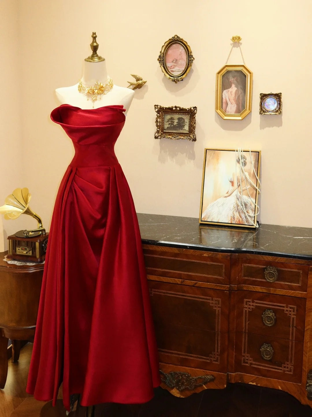 Elegant Prom Dress Wine Red A Line Strapless Pleated Evening Dress Gala Dress D3414