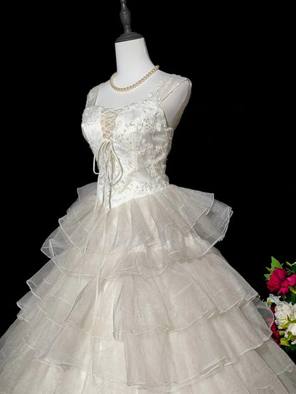 Vintage Wedding Dress Straps Tulle Tiered Pleated Wedding Dress  D3425