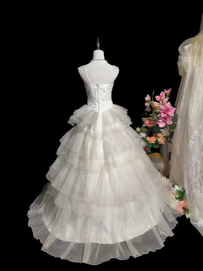 Vintage Wedding Dress Straps Tulle Tiered Pleated Wedding Dress  D3425