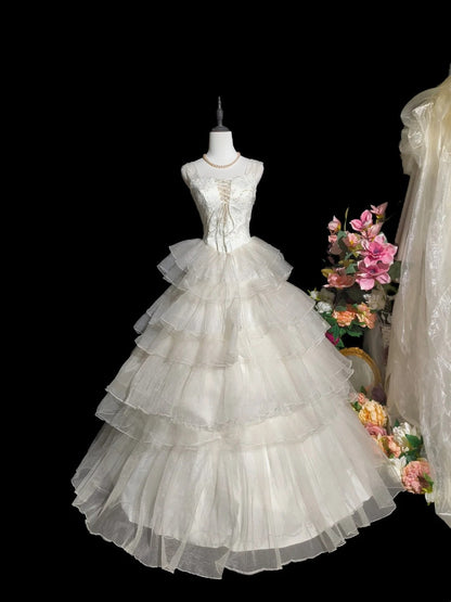 Vintage Wedding Dress Straps Tulle Tiered Pleated Wedding Dress  D3425