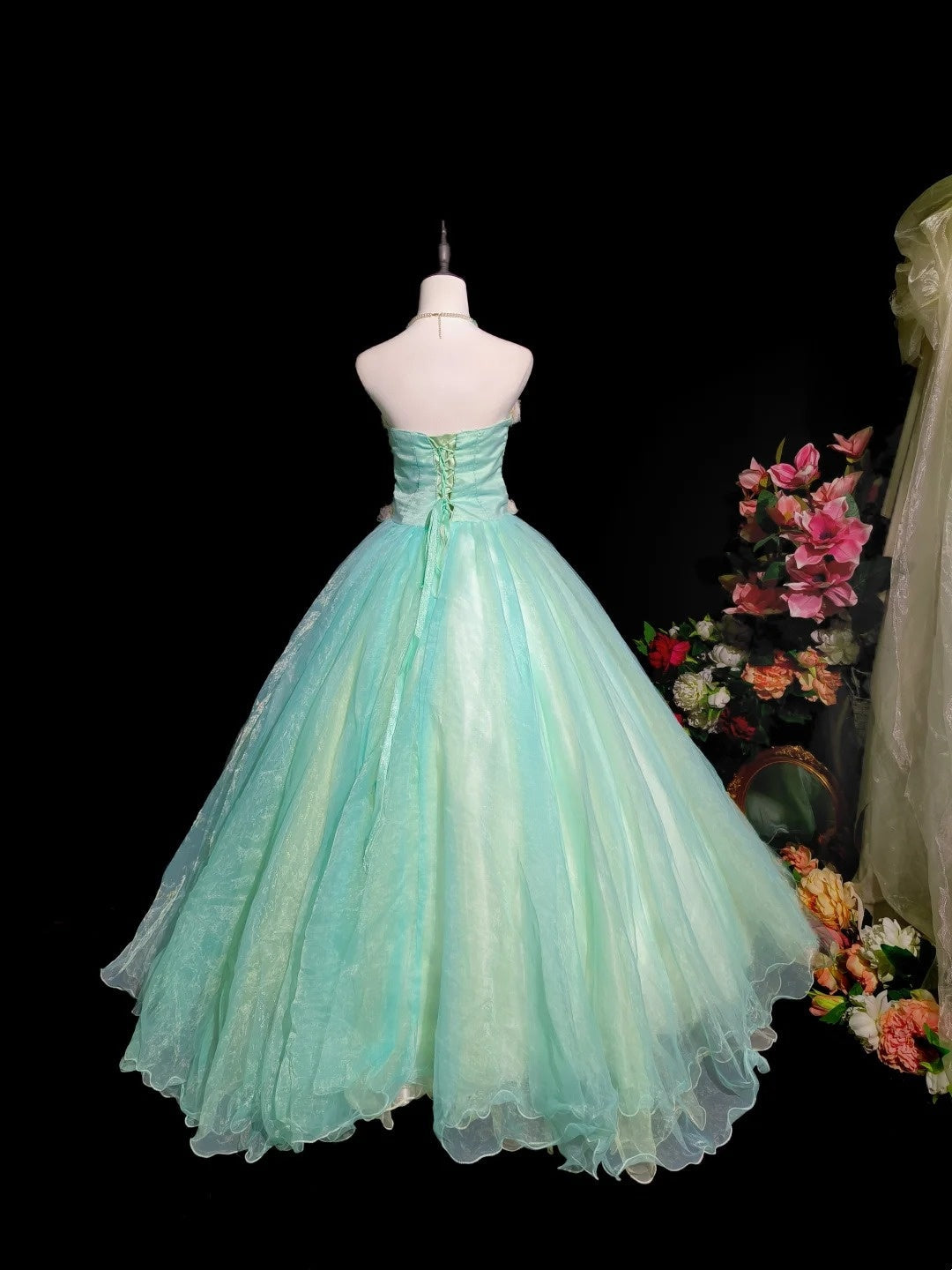 Beauty Prom Dress Strapless Tulle Flower Ball Gown Evening Dress Quinceanera Dress D3426