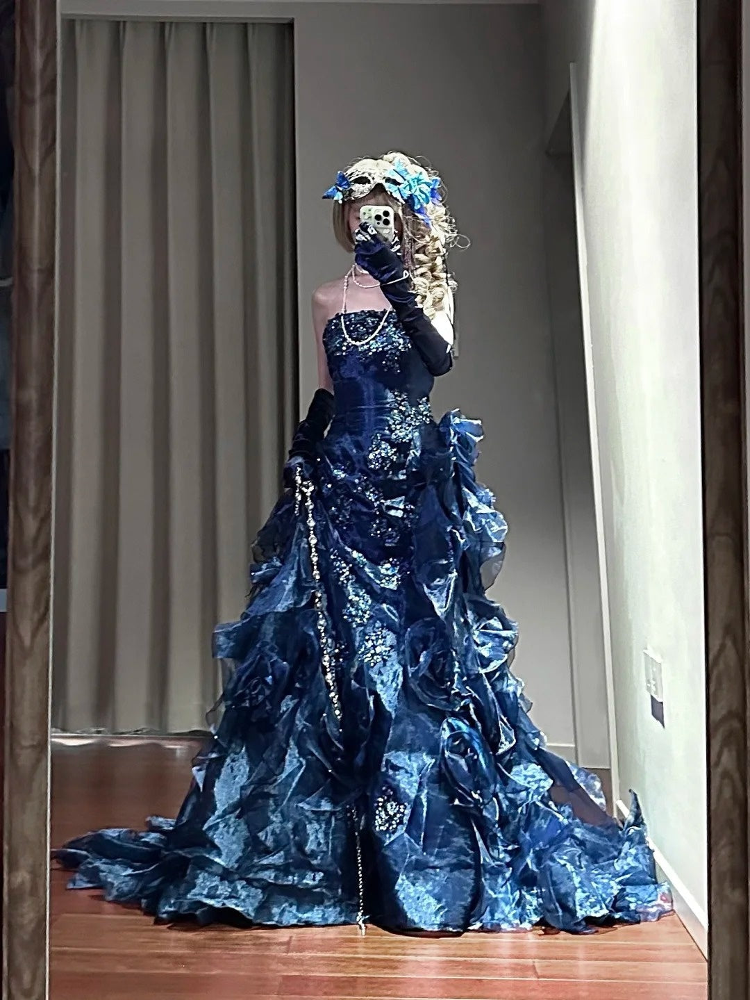Gorgeous Prom Dress Dark Blue Strapless Ruffle Birthday Party Dress Evening Dress  D3446