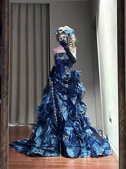 Gorgeous Prom Dress Dark Blue Strapless Ruffle Birthday Party Dress Evening Dress  D3446