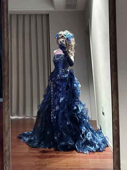 Gorgeous Prom Dress Dark Blue Strapless Ruffle Birthday Party Dress Evening Dress  D3446