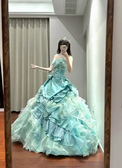 Sweet Prom Dress Strapless Tiered Pleated Ball Gown Quinceanera Dress   D3453