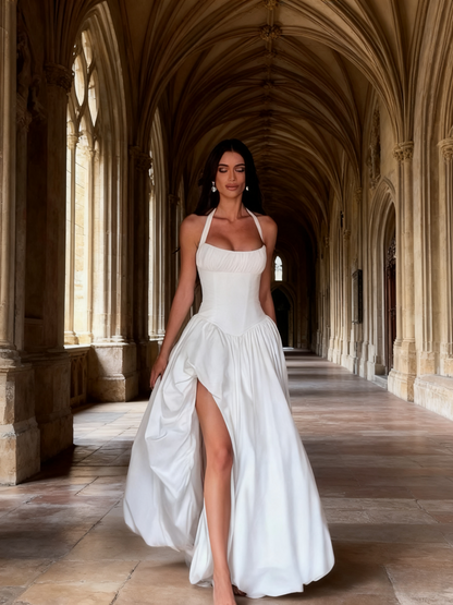 Minimalist Prom Dress Halter Slit Pleated Evening Dress Birthday Party Dress  D3469