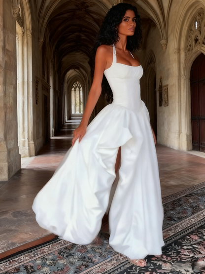 Minimalist Prom Dress Halter Slit Pleated Evening Dress Birthday Party Dress  D3469