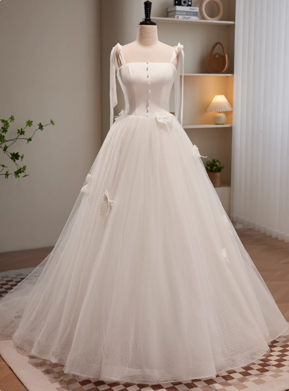 Elegant Wedding Dress Straps Tulle Pleated Wedding Dress   D3472