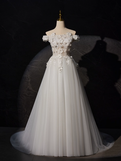 New Arrival Wedding Dress Off Shoulder Flower Tulle Wedding Dress       D3476