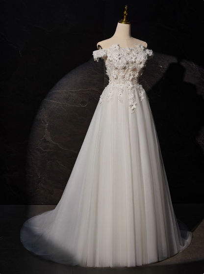 New Arrival Wedding Dress Off Shoulder Flower Tulle Wedding Dress       D3476