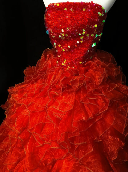 Vintage Prom Dress Strapless Sequins Ruffle Ball Gown Evening Dress  D3531