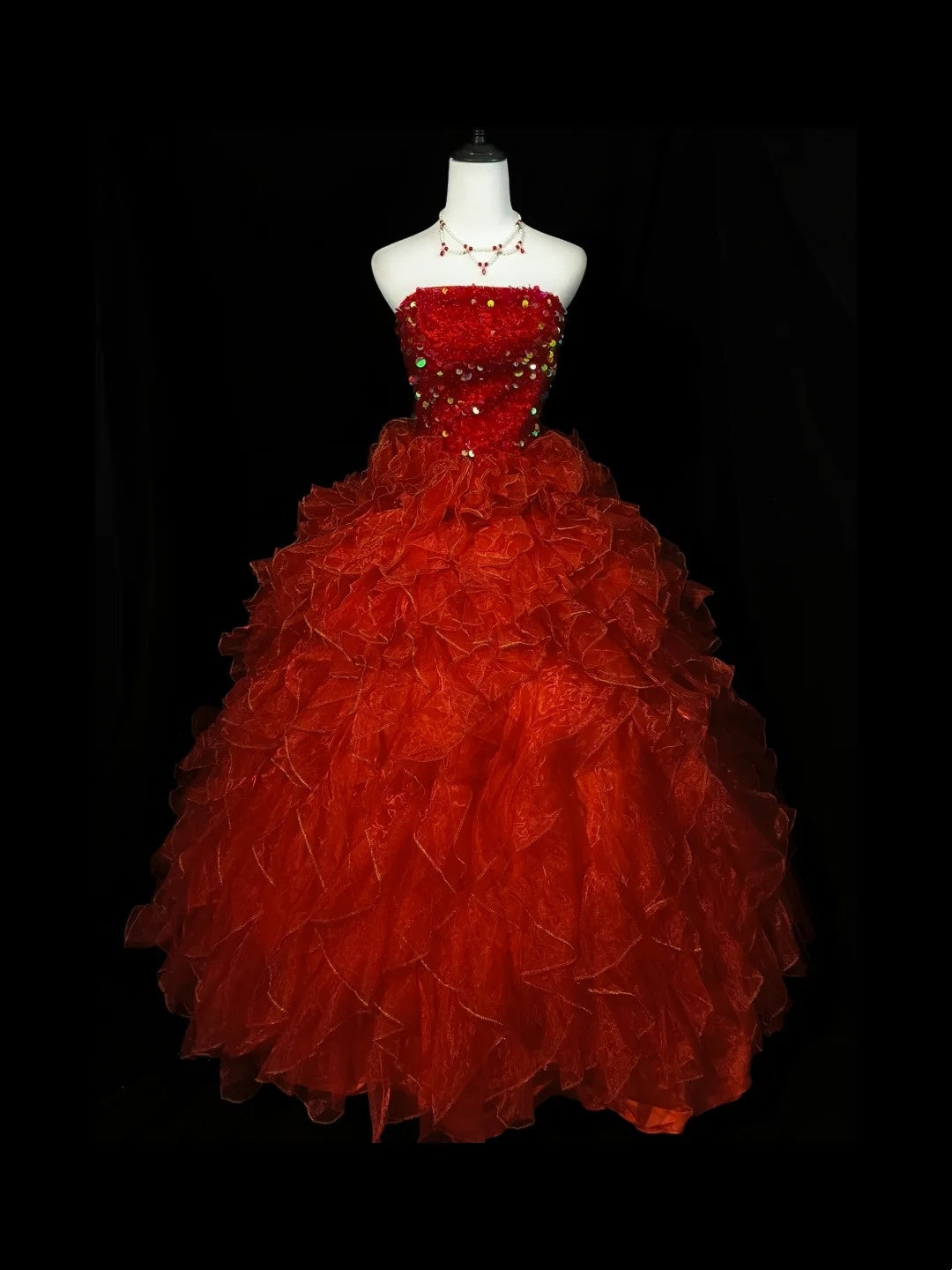 Vintage Prom Dress Strapless Sequins Ruffle Ball Gown Evening Dress  D3531