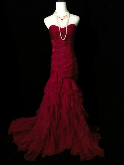 Elegant Prom Dress Wine Red Sweetheart Pleated Mermaid Birthday Party Dress Evening Dress     D3554