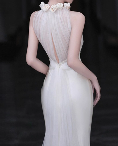 Elegant Wedding Dress Crew Neck Rose Pleated Mermaid Wedding Dress  D3257