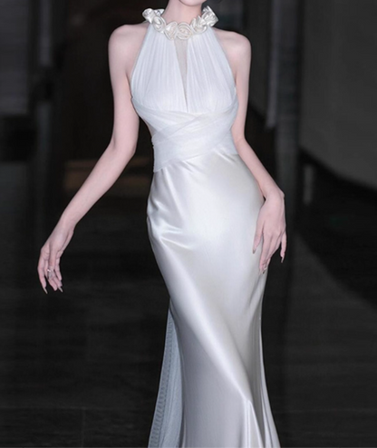 Elegant Wedding Dress Crew Neck Rose Pleated Mermaid Wedding Dress  D3257