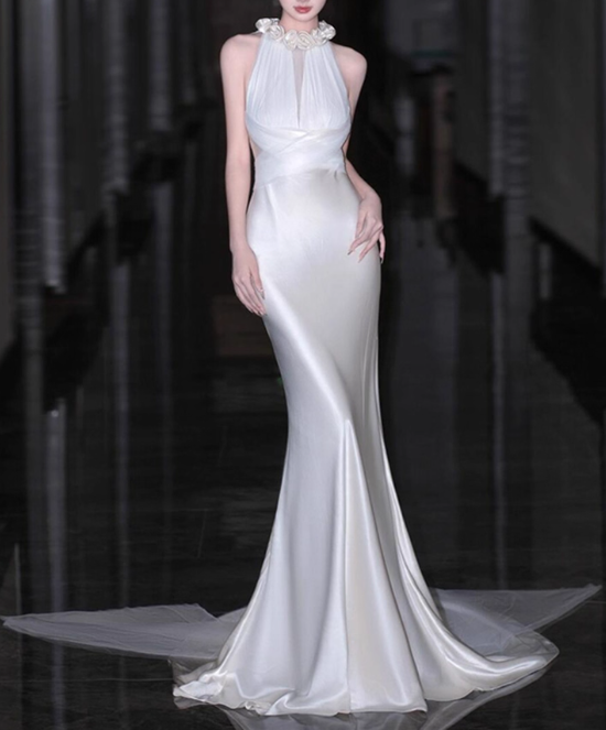 Elegant Wedding Dress Crew Neck Rose Pleated Mermaid Wedding Dress  D3257
