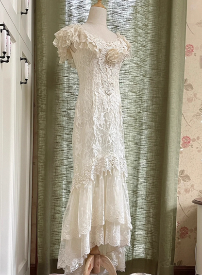 Vintage Wedding Dress Crew Neck Lace Pleated Wedding Dress  D3600