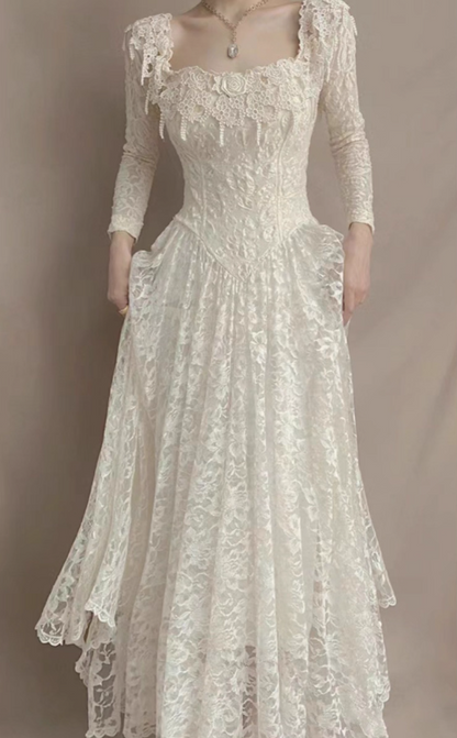 Vintage Wedding Dress Square Neck Pleated Wedding Dress  D3602