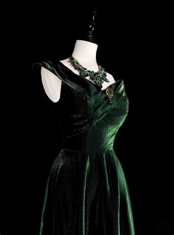 Elegant Prom Dress Dark Green A Line Straps Pleated Evening Dress Gala Dress   D3603
