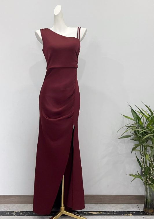 Stunning Prom Dress Wine Red Asymmetrical Neck Slit Evening Dress Birthday Party Dress     D3624