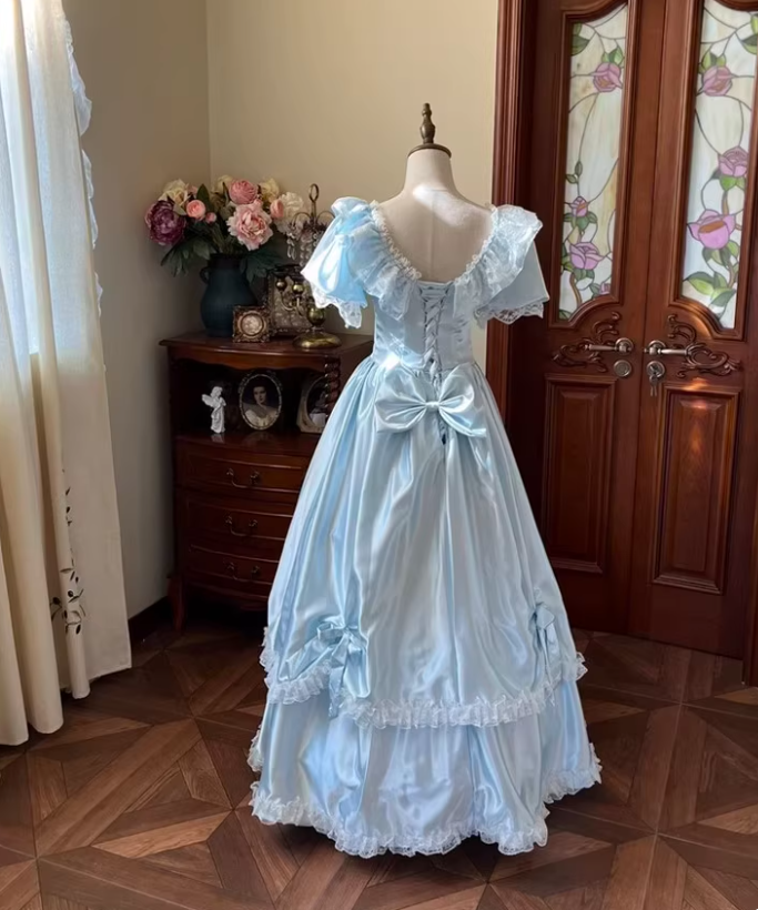 Beauty Prom Dress Baby Blue Crew Neck Pleated Lace Evening Gown Quinceanera Dress    D3648