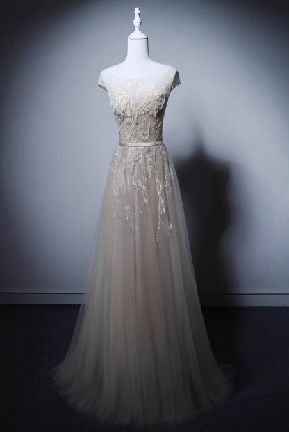 New Arrival Prom Dress A Line Crew Neck Tulle Evening Gown Prom Dress    D3652