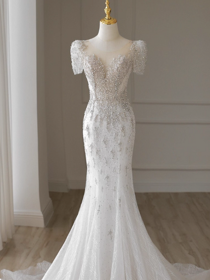 Luxury Wedding Dress Crew Neck Mermaid Wedding Dress  D3657