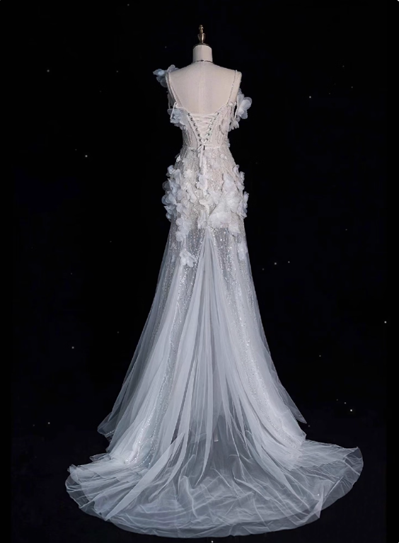 Luxury Prom Dress Spaghetti Straps Tulle Floral Evening Dress Gala Dress    D3664