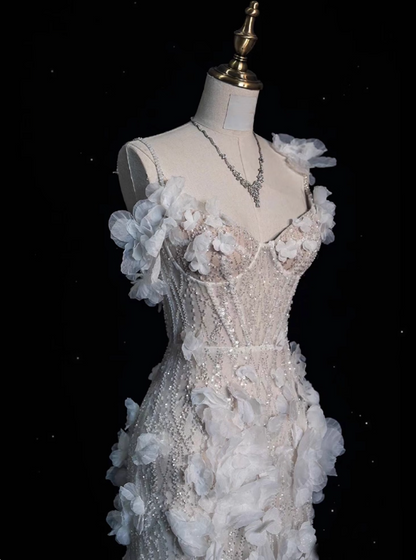 Luxury Prom Dress Spaghetti Straps Tulle Floral Evening Dress Gala Dress    D3664