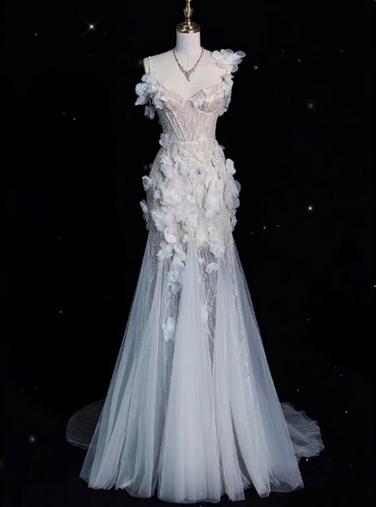 Luxury Prom Dress Spaghetti Straps Tulle Floral Evening Dress Gala Dress    D3664