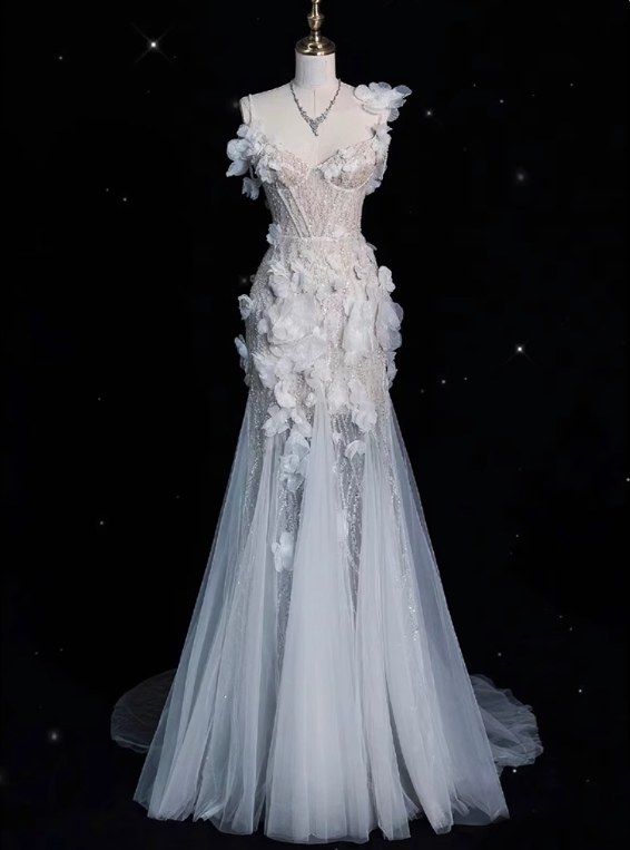 Luxury Prom Dress Spaghetti Straps Tulle Floral Evening Dress Gala Dress    D3664