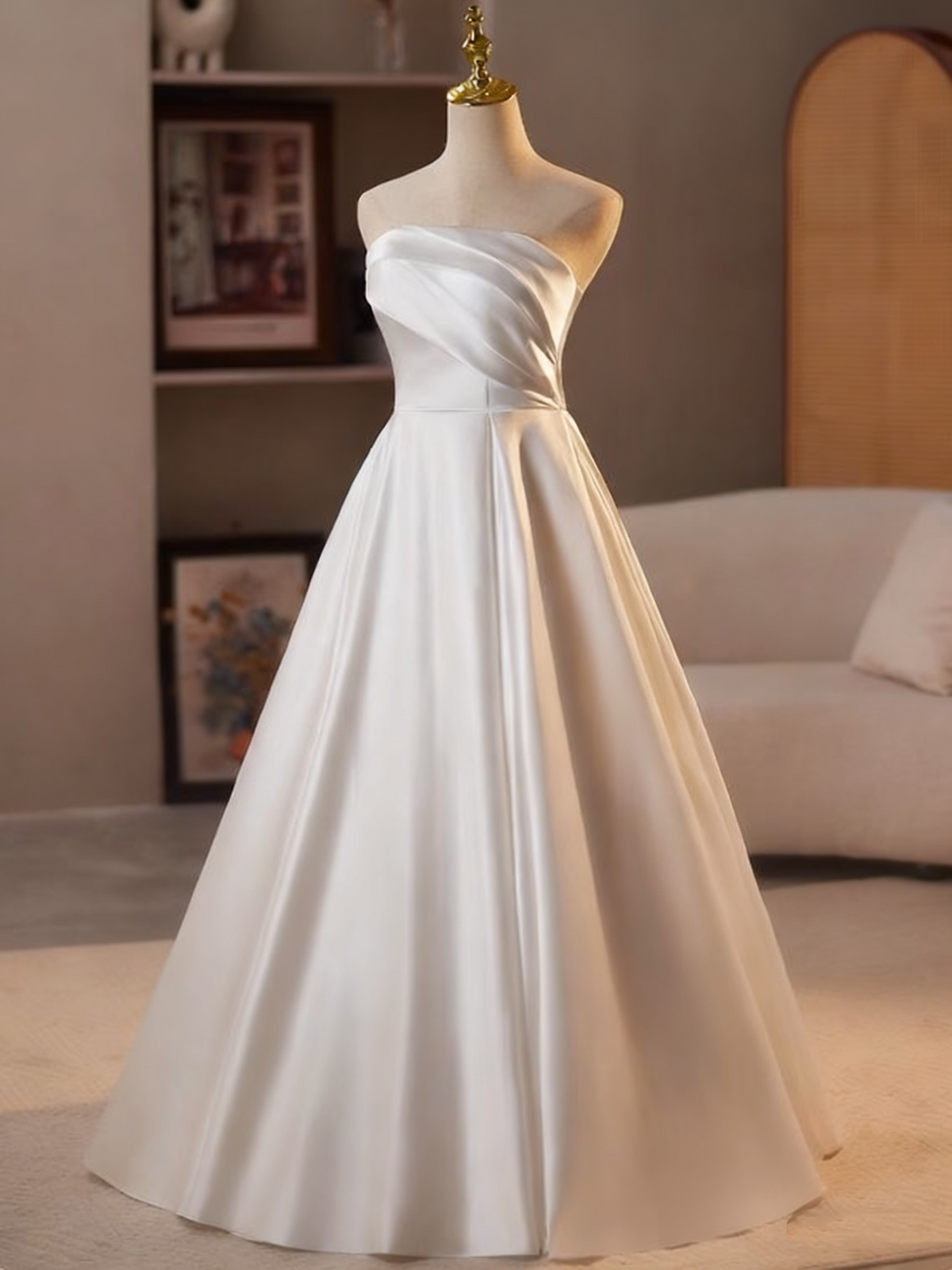 Minimalist Wedding Dress A Line Strapless Pleated Wedding Dress  D3686