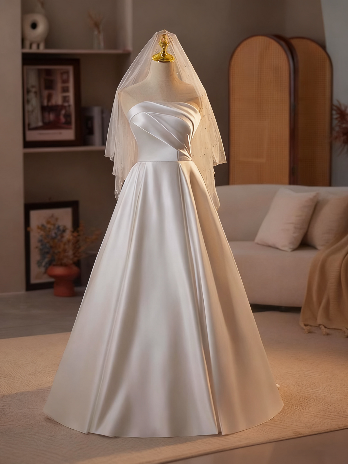 Minimalist Wedding Dress A Line Strapless Pleated Wedding Dress  D3686