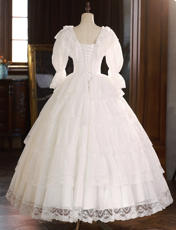 Elegant Wedding Dress Crew Neck Lace Pleated Wedding Dress  D3688