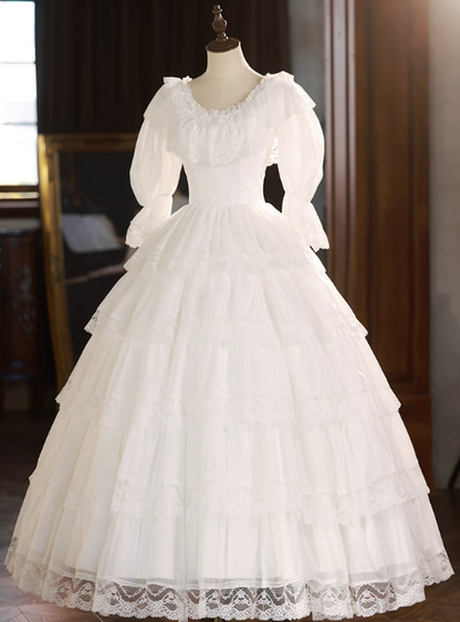 Elegant Wedding Dress Crew Neck Lace Pleated Wedding Dress  D3688