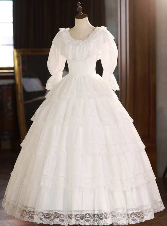 Elegant Wedding Dress Crew Neck Lace Pleated Wedding Dress  D3688
