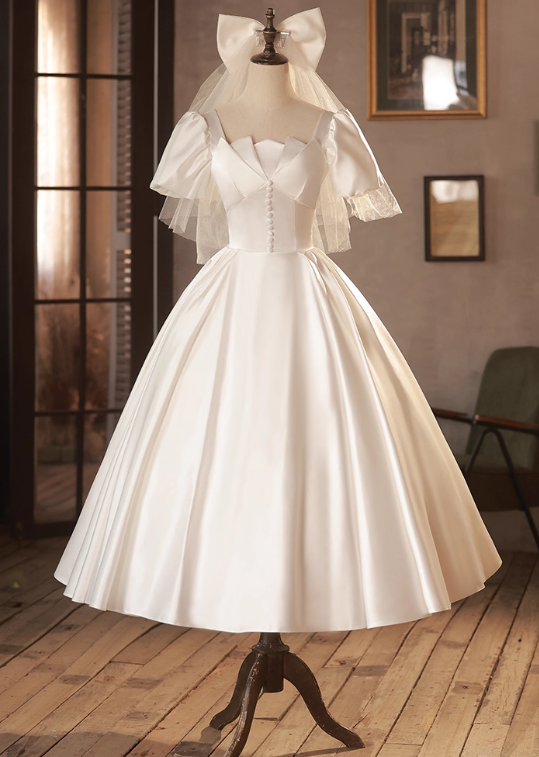 Elegant Wedding Dress Short Sleeve Pleated Wedding Dress  D3702