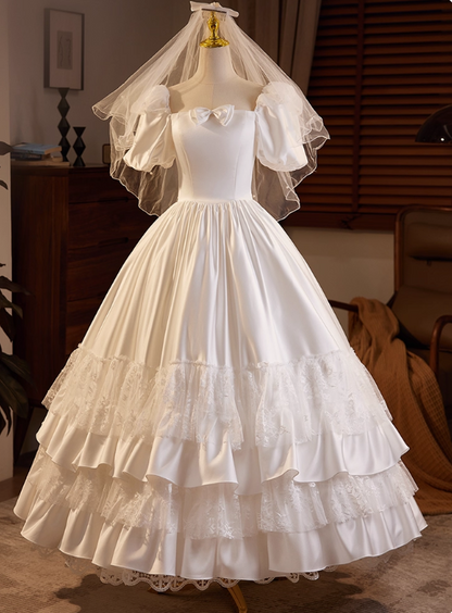 Vintage Wedding Dress Square Neck Pleated Lace Wedding Dress  D3703