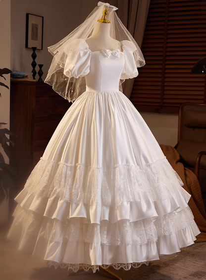 Vintage Wedding Dress Square Neck Pleated Lace Wedding Dress  D3703