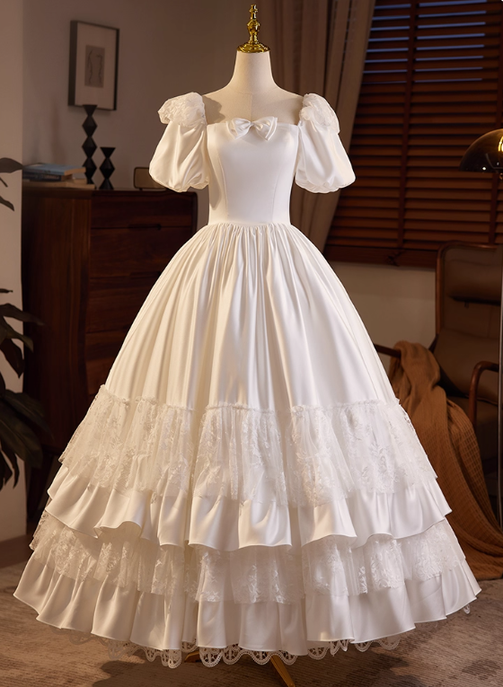 Vintage Wedding Dress Square Neck Pleated Lace Wedding Dress  D3703