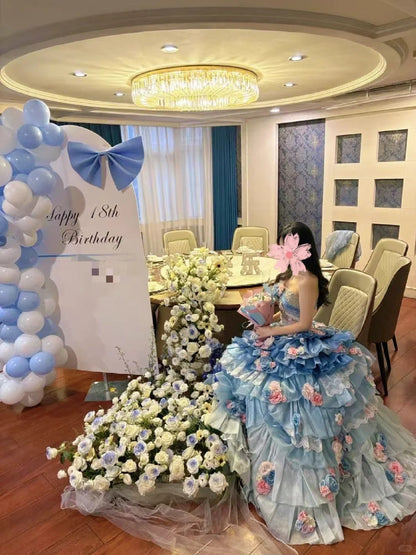 Stunning Prom Dress Strapless Tiered Flower Ball Gown Quinceanera Dress    D3709