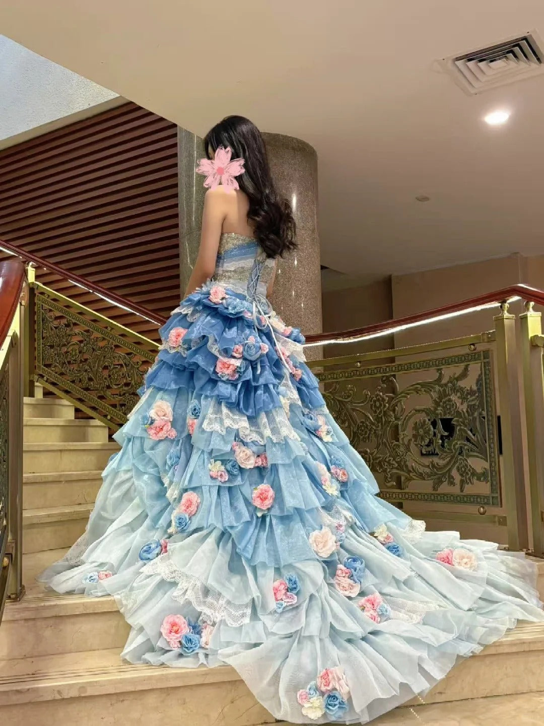 Stunning Prom Dress Strapless Tiered Flower Ball Gown Quinceanera Dress    D3709
