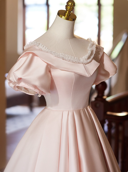 Sweet Prom Dress Pink Crew Neck Pleated Ball Gown Evening Dress Birthday Party Outfits   D3731