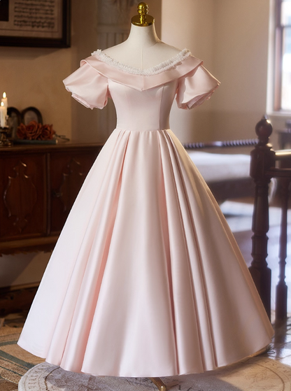 Sweet Prom Dress Pink Crew Neck Pleated Ball Gown Evening Dress Birthday Party Outfits   D3731