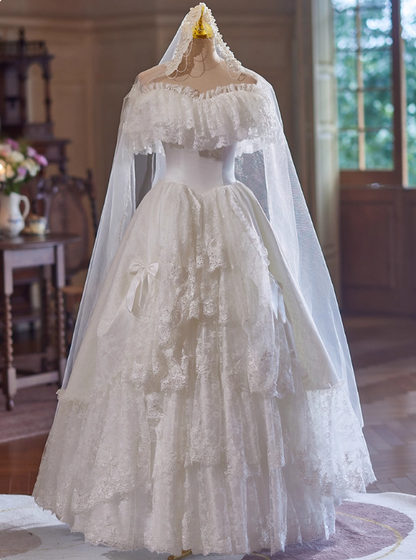 Vintage Wedding Dress Off Shoulder Lace Pleated Wedding Dress  D3733