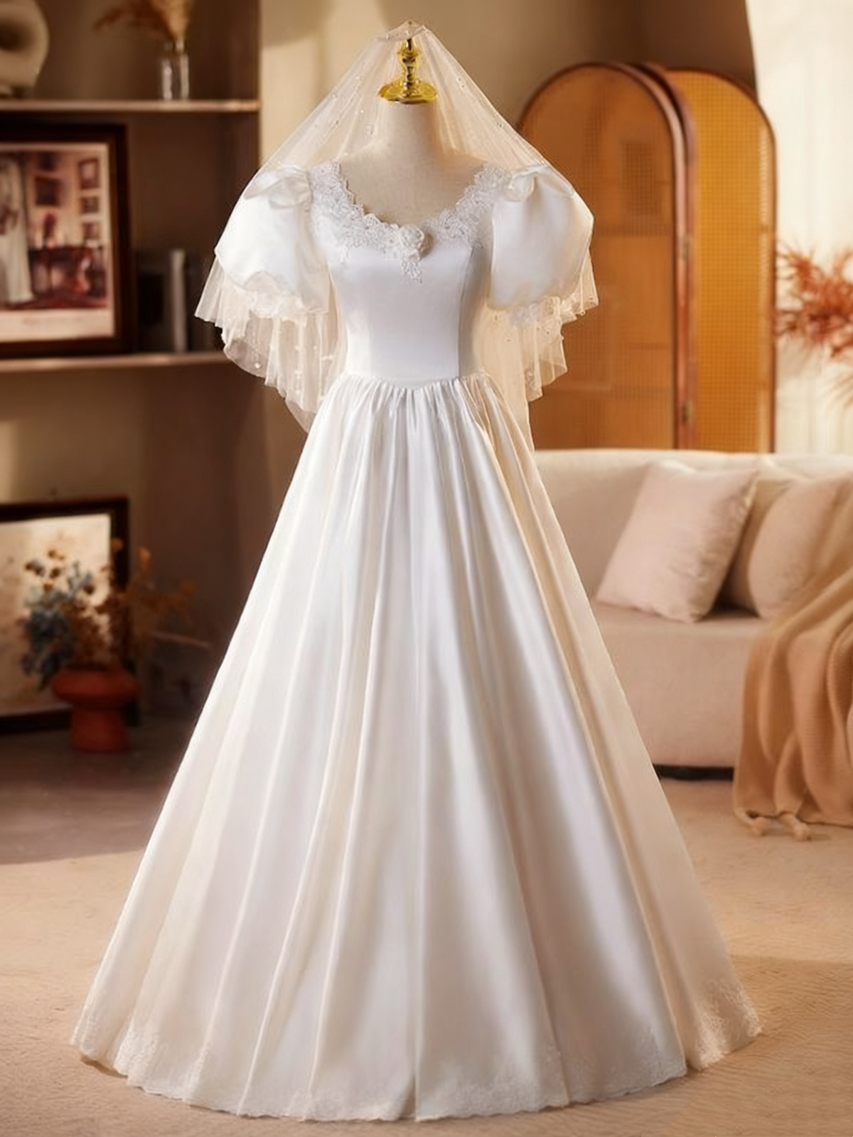 Minimalist Wedding Dress Crew Neck Pleated Wedding Dress  D3740