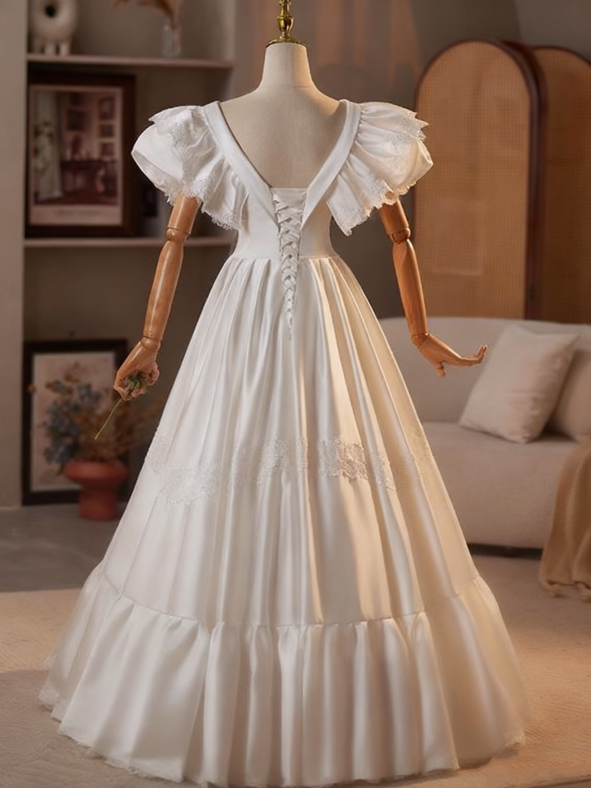 Elegant Wedding Dress V-neck Lace Pleated Wedding Dress  D3746