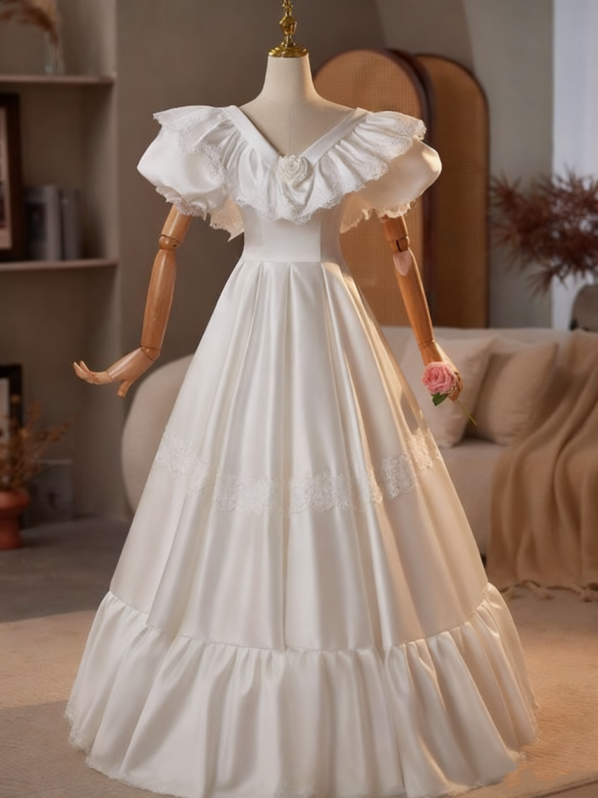Elegant Wedding Dress V-neck Lace Pleated Wedding Dress  D3746