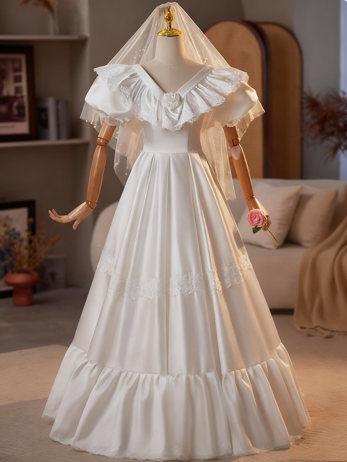 Elegant Wedding Dress V-neck Lace Pleated Wedding Dress  D3746